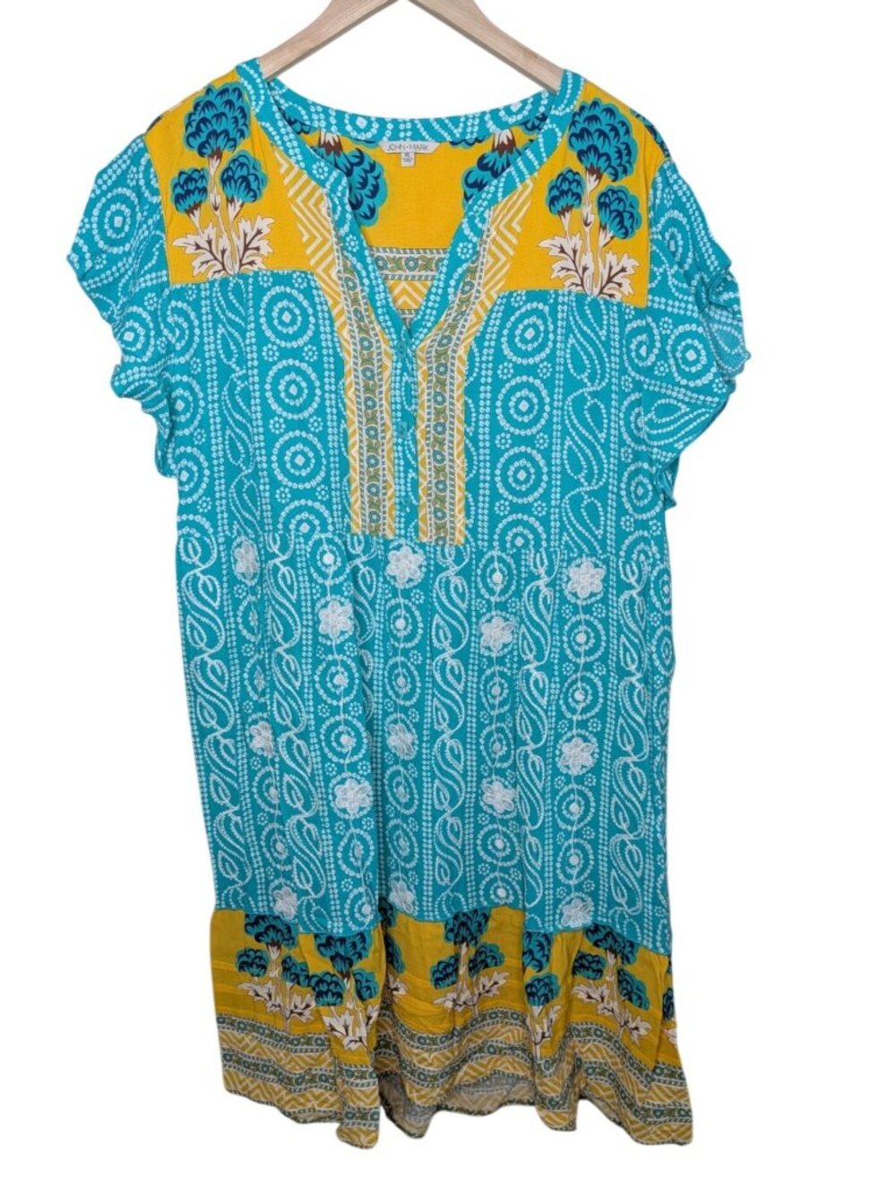 John Mark XL Blue Yellow Floral Boho Short Sleeve Tunic Dress